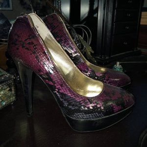 Purple snakeskin platform heels